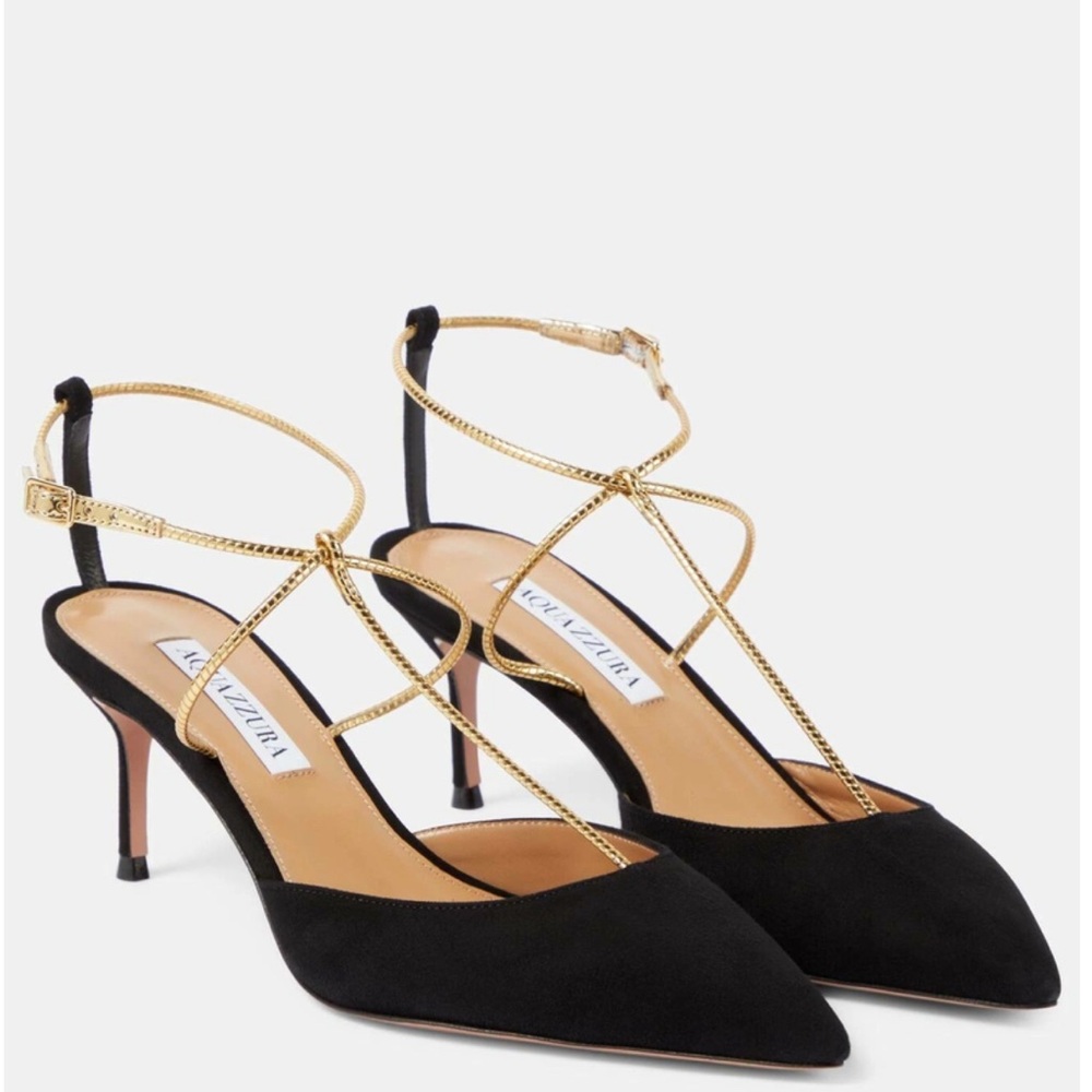 Aquazzura Black Suede Heels with Gold Straps size 40